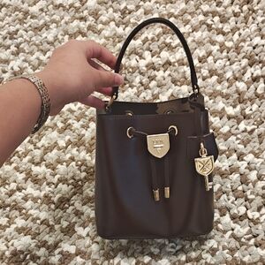 LYN Brown Mini Bucket Bag with Gold Accents